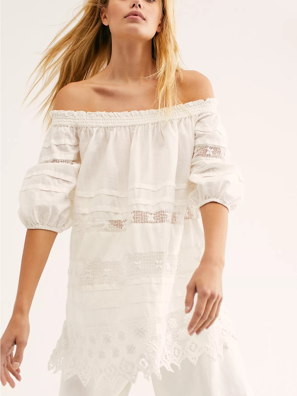 Free People Sounds of Summer Tunic Off-the-Shoulder Boho Cottagecore Lace XS